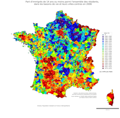 Part d'immigrés de 14 ans ou moins parmi l'ensemble des résidents - bv2006
Mots-clés: immigration;âge;classes populaires;bassins de vie