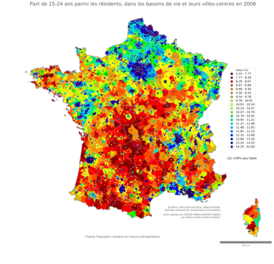 Part de 15'24 ans parmi les résidents - bv2006
Mots-clés: âge;bassins de vie