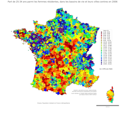 Part de 25'34 ans parmi les femmes résidentes - bv2006
Mots-clés: âge;sexe;femmes;bassins de vie