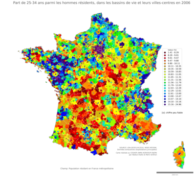 Part de 25'34 ans parmi les hommes résidents - bv2006
Mots-clés: âge;sexe;hommes;bassins de vie