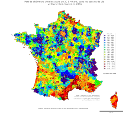 Part de chômeurs chez les actifs de 30 à 49 ans - bv2006
Mots-clés: chômage;âge;classes populaires;bassins de vie