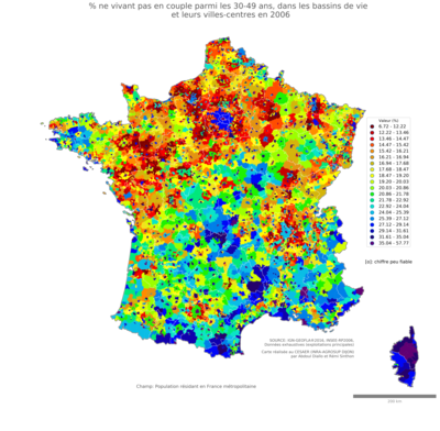 Part ne vivant pas en couple parmi les 30'49 ans - bv2006
Mots-clés: couple;âge;bassins de vie