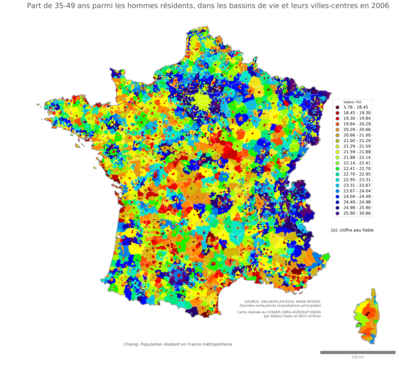 Part de 35'49 ans parmi les hommes résidents - bv2006
Mots-clés: âge;sexe;hommes;bassins de vie