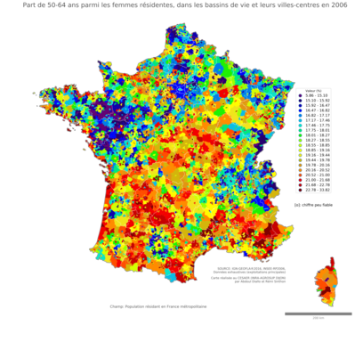 Part de 50'64 ans parmi les femmes résidentes - bv2006
Mots-clés: âge;sexe;femmes;bassins de vie