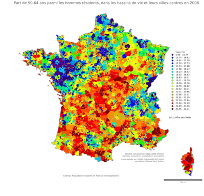 Part de 50'64 ans parmi les hommes résidents - bv2006
Mots-clés: âge;sexe;hommes;bassins de vie