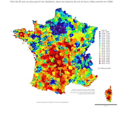 Part de 65 ans ou plus parmi les résidents - bv2006
Mots-clés: âge;bassins de vie