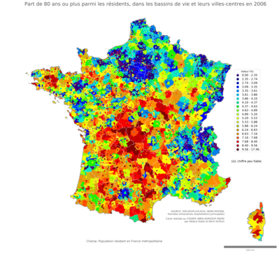 Part de 80 ans ou plus parmi les résidents - bv2006
Mots-clés: âge;bassins de vie