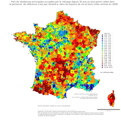 Part de résidences principales occupées par le ménage depuis 30 ans ou plus parmi celles dont la personne de référence n'est pas retraité.e - bv2006
Mots-clés: résidence et logement;âge;bassins de vie