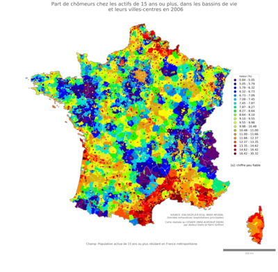 Part de chômeurs chez les actifs de 15 ans ou plus - bv2006
Mots-clés: chômage;classes populaires;bassins de vie