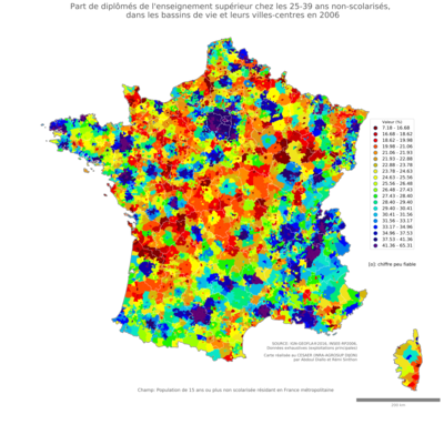 Part de diplômés de l'enseignement supérieur chez les 25'39 ans non'scolarisés - bv2006
Mots-clés: études et diplôme;âge;classes supérieures;bassins de vie