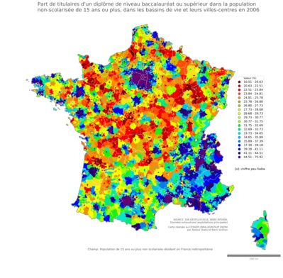 Part de titulaires d'un diplôme de niveau baccalauréat ou supérieur dans la population non'scolarisée de 15 ans ou plus - bv2006
Mots-clés: études et diplôme;bassins de vie