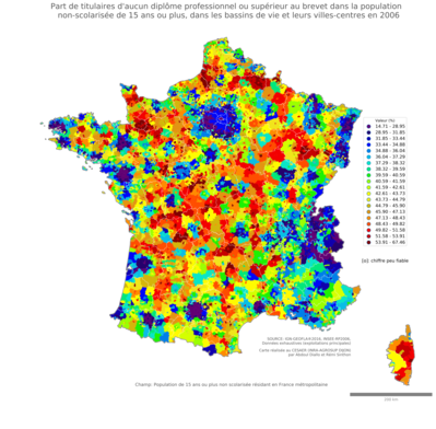 Part de titulaires d'aucun diplôme professionnel ou supérieur au brevet dans la population non'scolarisée de 15 ans ou plus - bv2006
Mots-clés: études et diplôme;classes populaires;bassins de vie