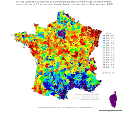 Part de titulaires d'un diplôme de l'enseignement professionnel court chez les hommes non'scolarisés de 15 ans ou plus - bv2006
Mots-clés: études et diplôme;sexe;hommes;classes populaires;bassins de vie