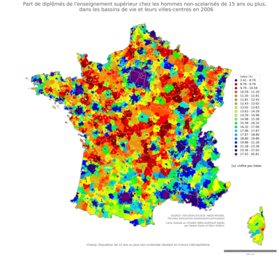 Part de diplômés de l'enseignement supérieur chez les hommes non'scolarisés de 15 ans ou plus - bv2006
Mots-clés: études et diplôme;sexe;hommes;classes supérieures;bassins de vie