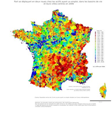 Part se déplaçant en deux roues chez les actifs ayant un emploi - bv2006
Mots-clés: transports;bassins de vie