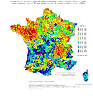 Part de familles formées d'un couple avec un seul enfant, parmi celles formées d'un couple avec enfants de moins de 25 ans - bv2006
Mots-clés: famille et enfants;bassins de vie