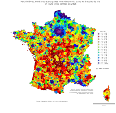 Part d'élèves, étudiants et stagiaires non rémunérés - bv2006
Mots-clés: études et diplôme;bassins de vie