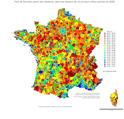 Part de femmes parmi les résidents - bv2006
Mots-clés: sexe;femmes;bassins de vie