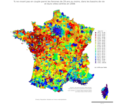 Part ne vivant pas en couple parmi les femmes de 29 ans ou moins - bv2006
Mots-clés: couple;âge;sexe;femmes;bassins de vie