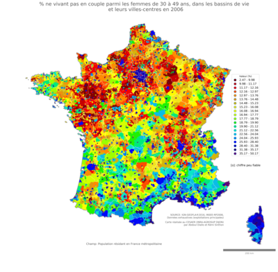 Part ne vivant pas en couple parmi les femmes de 30 à 49 ans - bv2006
Mots-clés: couple;âge;sexe;femmes;bassins de vie