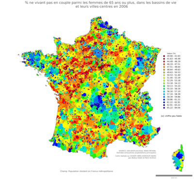 Part ne vivant pas en couple parmi les femmes de 65 ans ou plus - bv2006
Mots-clés: couple;âge;sexe;femmes;bassins de vie