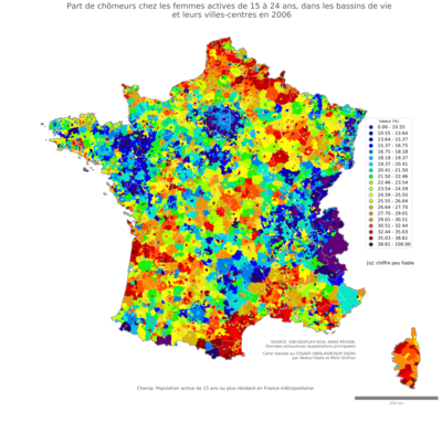 Part de chômeurs chez les femmes actives de 15 à 24 ans - bv2006
Mots-clés: chômage;sexe;femmes;âge;classes populaires;bassins de vie