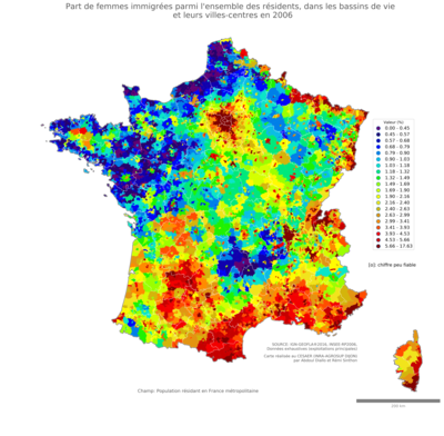 Part de femmes immigrées parmi l'ensemble des résidents - bv2006
Mots-clés: immigration;sexe;femmes;classes populaires;bassins de vie