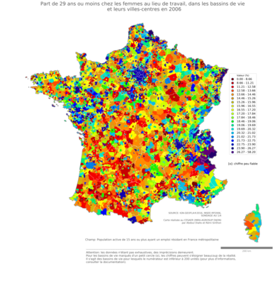 Part de 29 ans ou moins chez les femmes au lieu de travail - bv2006
Mots-clés: âge;lieu de travail;bassins de vie