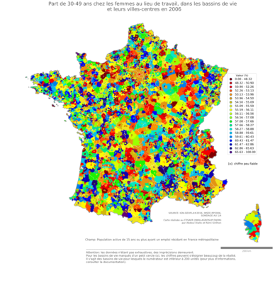 Part de 30'49 ans chez les femmes au lieu de travail - bv2006
Mots-clés: âge;lieu de travail;bassins de vie