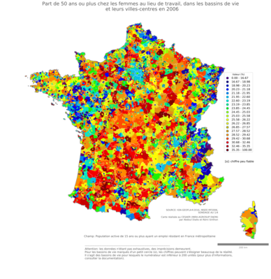 Part de 50 ans ou plus chez les femmes au lieu de travail - bv2006
Mots-clés: âge;lieu de travail;bassins de vie