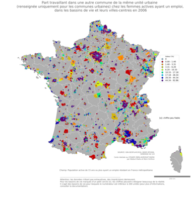 Part travaillant dans une autre commune de la même unité urbaine (renseignée uniquement pour les communes urbaines) chez les femmes actives ayant un emploi - bv2006
Mots-clés: lieu de travail;conditions de travail et d-emploi;sexe;femmes;bassins de vie