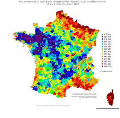 Part de femmes au foyer parmi l'ensemble des résidents - bv2006
Mots-clés: famille et enfants;sexe;femmes;bassins de vie