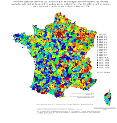 Indice de libération féminine par la voiture: part se déplaçant en voiture parmi les femmes rapportée à la part se déplaçant en voiture parmi les hommes, chez les actifs ayant un emploi - bv2006
Mots-clés: transports;conditions d-existence;sexe;bassins de vie