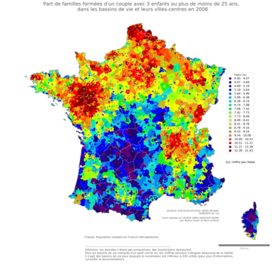 Part de familles formées d'un couple avec 3 enfants ou plus de moins de 25 ans - bv2006
Mots-clés: famille et enfants;bassins de vie