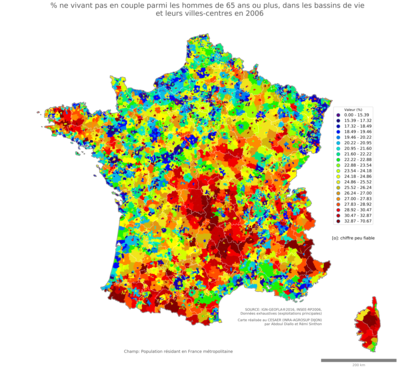 Part ne vivant pas en couple parmi les hommes de 65 ans ou plus - bv2006
Mots-clés: couple;âge;sexe;hommes;bassins de vie