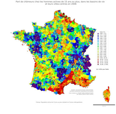 Part de chômeurs chez les hommes actives de 15 ans ou plus - bv2006
Mots-clés: chômage;sexe;hommes;classes populaires;bassins de vie