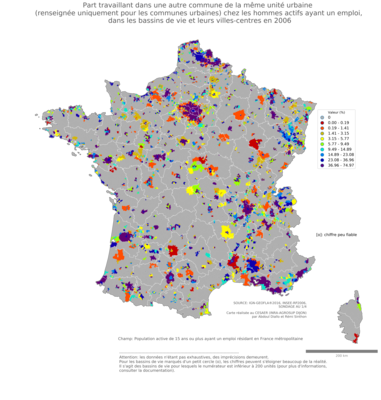 Part travaillant dans une autre commune de la même unité urbaine (renseignée uniquement pour les communes urbaines) chez les hommes actifs ayant un emploi - bv2006
Mots-clés: lieu de travail;conditions de travail et d-emploi;sexe;hommes;bassins de vie