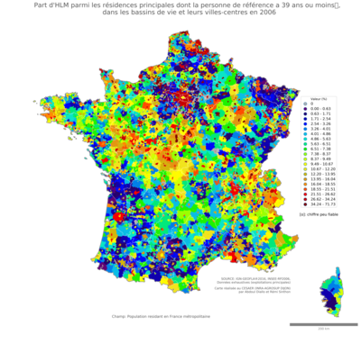 Part d'HLM parmi les résidences principales dont la personne de référence a 39 ans ou moins” - bv2006
Mots-clés: résidence et logement;âge;conditions d-existence;classes populaires;bassins de vie