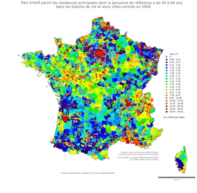 Part d'HLM parmi les résidences principales dont la personne de référence a de 40 à 64 ans - bv2006
Mots-clés: résidence et logement;âge;conditions d-existence;classes populaires;bassins de vie