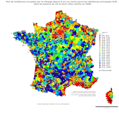 Part de résidences occupées par le ménage depuis 4 ans ou moins parmi les résidences principales HLM - bv2006
Mots-clés: résidence et logement;conditions d-existence;classes populaires;bassins de vie