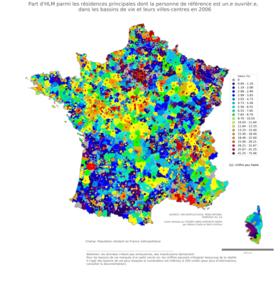 Part d'HLM parmi les résidences principales dont la personne de référence est un.e ouvrièr.e - bv2006
Mots-clés: résidence et logement;profession;conditions d-existence;classes populaires;bassins de vie