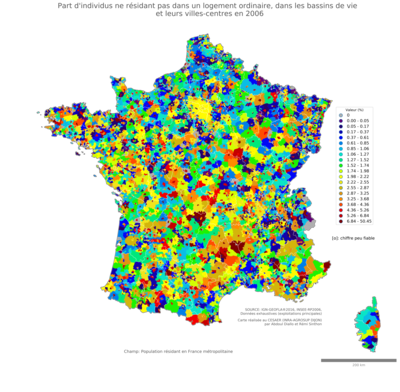 Part d'individus ne résidant pas dans un logement ordinaire - bv2006
Mots-clés: résidence et logement;conditions d-existence;bassins de vie