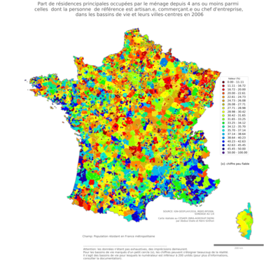 Part de résidences principales occupées par le ménage depuis 4 ans ou moins parmi celles dont la personne de référence est artisan.e, commerçant.e ou chef d'entreprise - bv2006
Mots-clés: résidence et logement;profession;fonction publique ou indépendance;bassins de vie