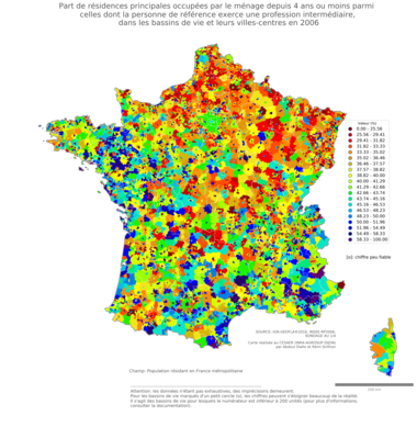 Part de résidences principales occupées par le ménage depuis 4 ans ou moins parmi celles dont la personne de référence exerce une profession intermédiaire - bv2006
Mots-clés: résidence et logement;profession;bassins de vie