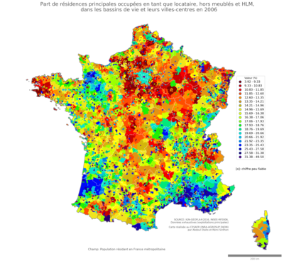 Part de résidences principales occupées en tant que locataire, hors meublés et HLM - bv2006
Mots-clés: résidence et logement;conditions d-existence;bassins de vie