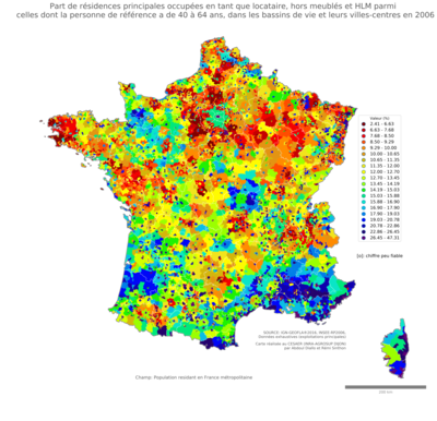 Part de résidences principales occupées en tant que locataire, hors meublés et HLM parmi celles dont la personne de référence a de 40 à 64 ans - bv2006
Mots-clés: résidence et logement;âge;conditions d-existence;bassins de vie