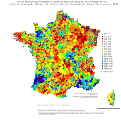 Part de résidences principales occupées en tant que locataire, hors meublés et HLM, et dont la personne de référence est retraité.e - bv2006
Mots-clés: résidence et logement;âge;conditions d-existence;bassins de vie