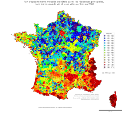 Part d'appartements meublés ou hôtels parmi les résidences principales - bv2006
Mots-clés: résidence et logement;conditions d-existence;classes populaires;bassins de vie