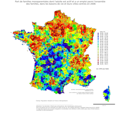 Part de familles monoparentales dont l'adulte est actif et a un emploi parmi l'ensemble des familles - bv2006
Mots-clés: famille et enfants;conditions d-existence;bassins de vie