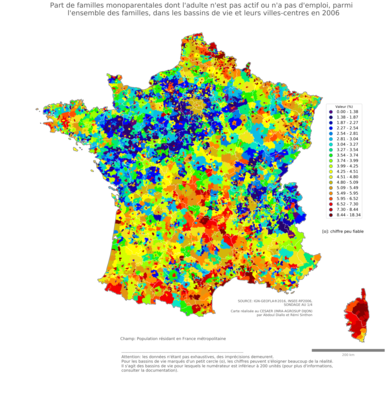 Part de familles monoparentales dont l'adulte n'est pas actif ou n'a pas d'emploi, parmi l’ensemble des familles - bv2006
Mots-clés: famille et enfants;conditions d-existence;classes populaires;bassins de vie